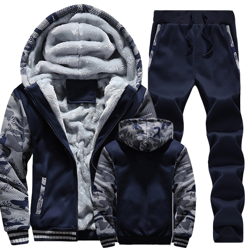 Men Winter Tracksuit Sets Thick Warm Jacket Zipper Hooded Sweatshirt Coat+Pants Brand Sportswear Casual Fleece Outwear Hoody