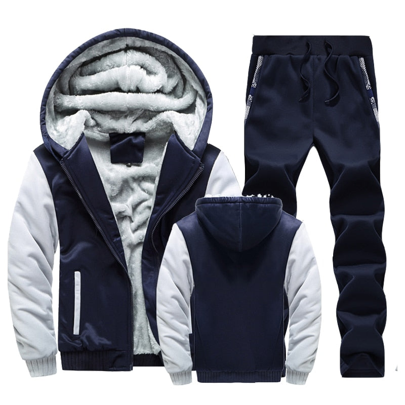 Men Winter Tracksuit Sets Thick Warm Jacket Zipper Hooded Sweatshirt Coat+Pants Brand Sportswear Casual Fleece Outwear Hoody