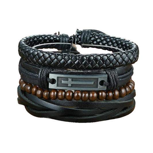 Max Men's PU Bangle Wide Braided Wristband Leather Bracelet Set