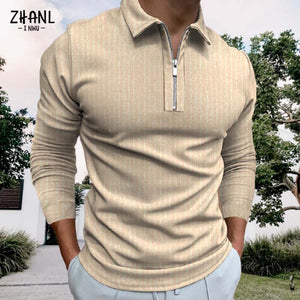 Autumn Men Casual Polo Shirt Long Sleeve Zipper  Top