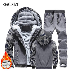 Men Winter Tracksuit Sets Thick Warm Jacket Zipper Hooded Sweatshirt Coat+Pants Brand Sportswear Casual Fleece Outwear Hoody