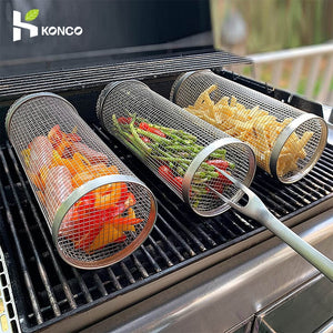 BBQ Basket -Barbecue Cooking Grill Grate Round Rotisserie Basket