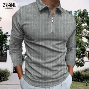 Autumn Men Casual Polo Shirt Long Sleeve Zipper  Top