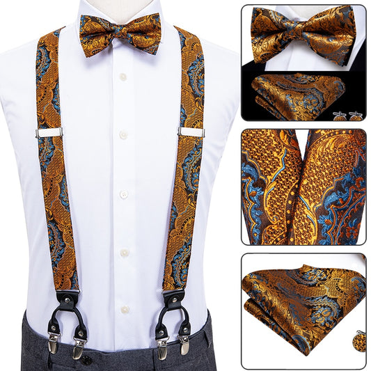 Paul Luxury Silk Men's Vintage Elastic Suspenders,Bow Tie Set