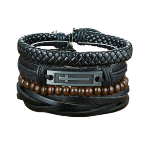 Max Men's PU Bangle Wide Braided Wristband Leather Bracelet Set