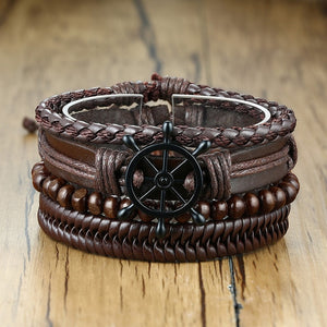 Max Men's PU Bangle Wide Braided Wristband Leather Bracelet Set