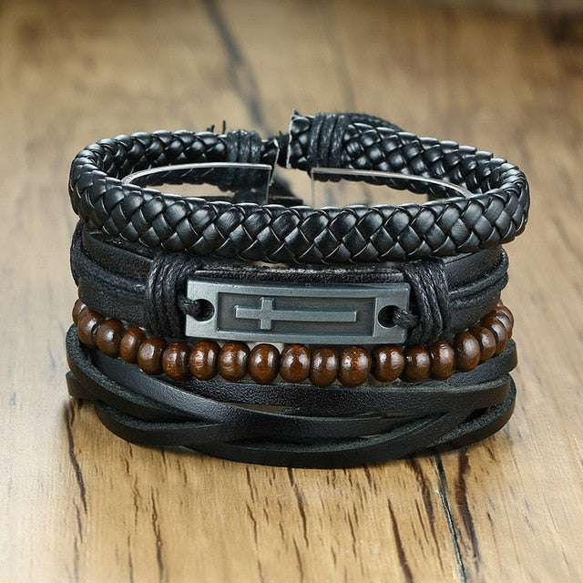 Max Men's PU Bangle Wide Braided Wristband Leather Bracelet Set