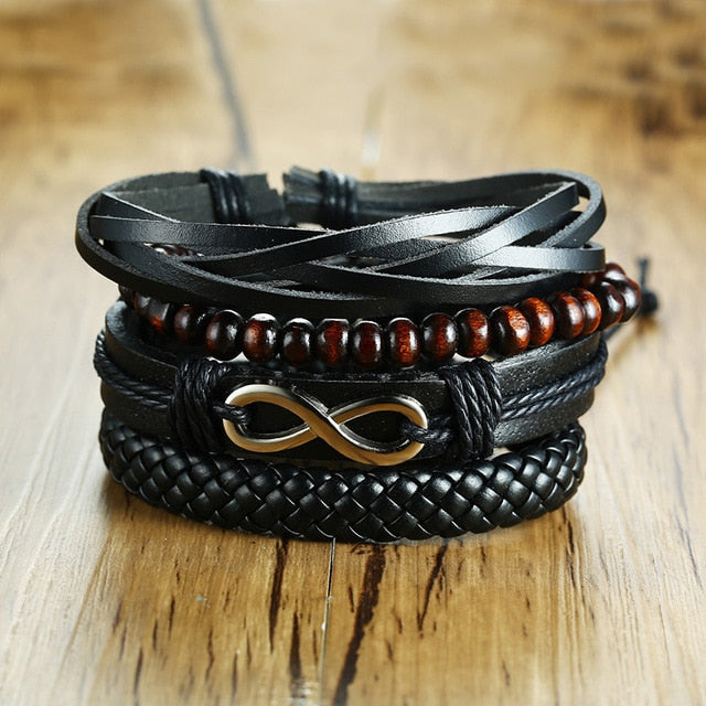 Max Men's PU Bangle Wide Braided Wristband Leather Bracelet Set