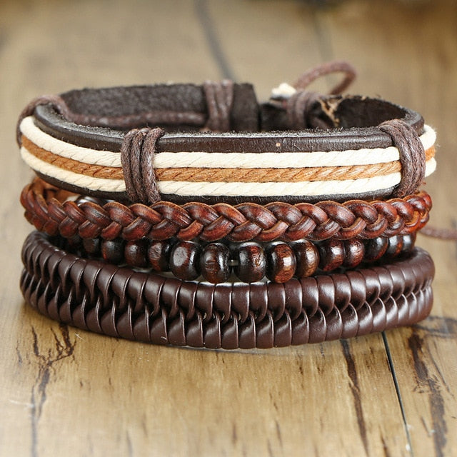 Max Men's PU Bangle Wide Braided Wristband Leather Bracelet Set