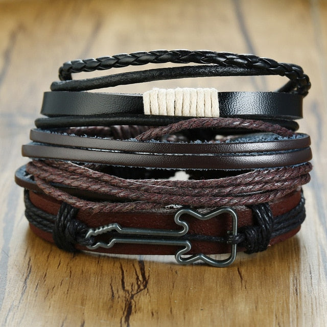 Max Men's PU Bangle Wide Braided Wristband Leather Bracelet Set