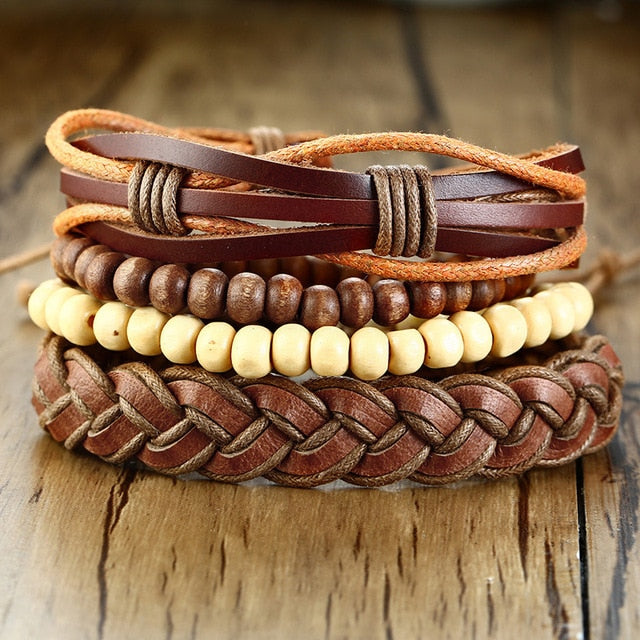 Max Men's PU Bangle Wide Braided Wristband Leather Bracelet Set