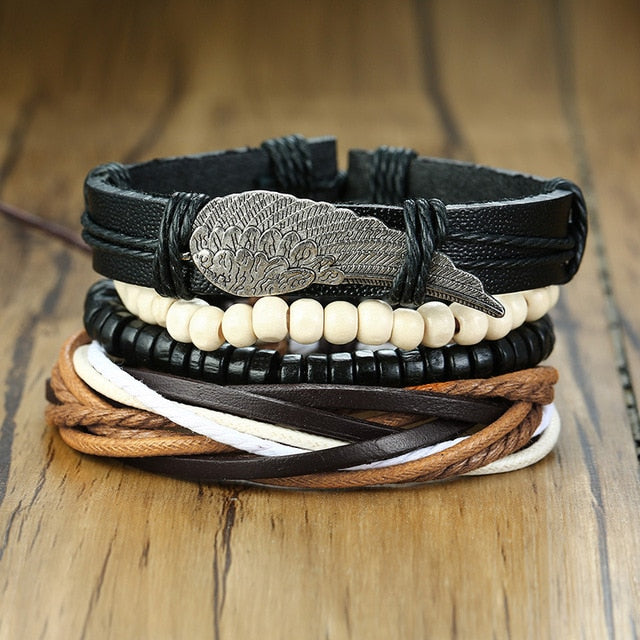 Max Men's PU Bangle Wide Braided Wristband Leather Bracelet Set