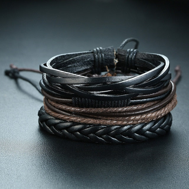 Max Men's PU Bangle Wide Braided Wristband Leather Bracelet Set