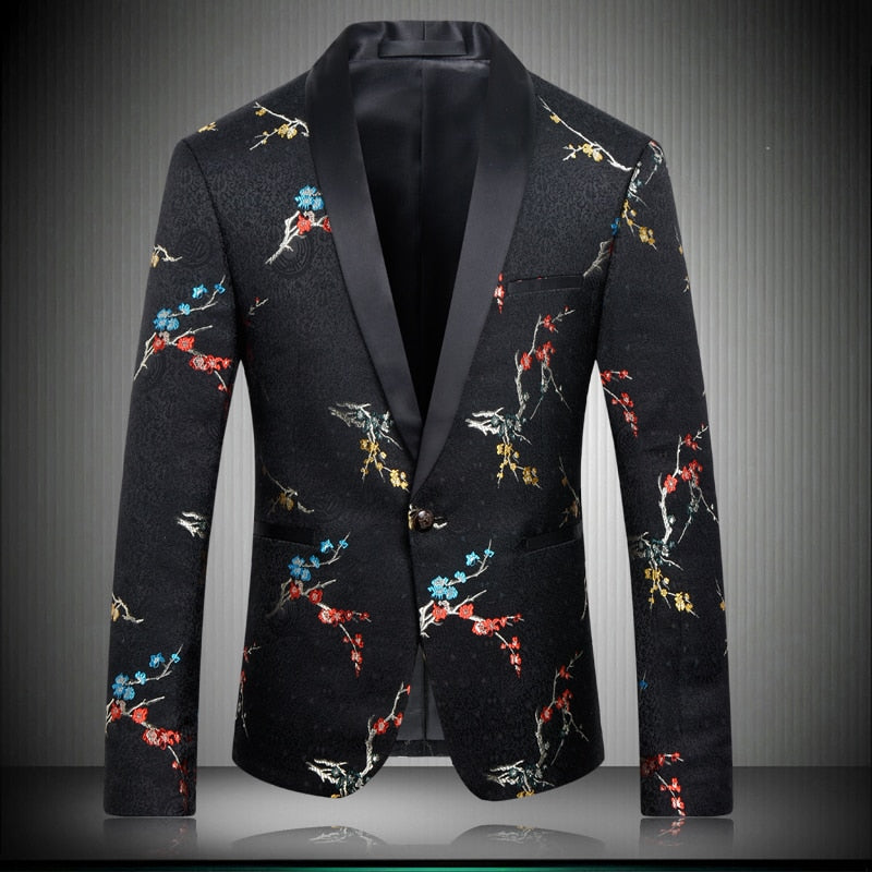 Viggo Handmade Black Flowers Plum Printed Suit Jacket