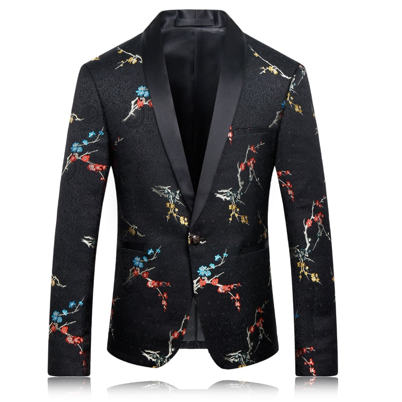 Viggo Handmade Black Flowers Plum Printed Suit Jacket