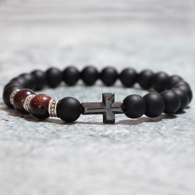 Lukas Classic Cross Lava Tiger Eye Beaded Bracelet