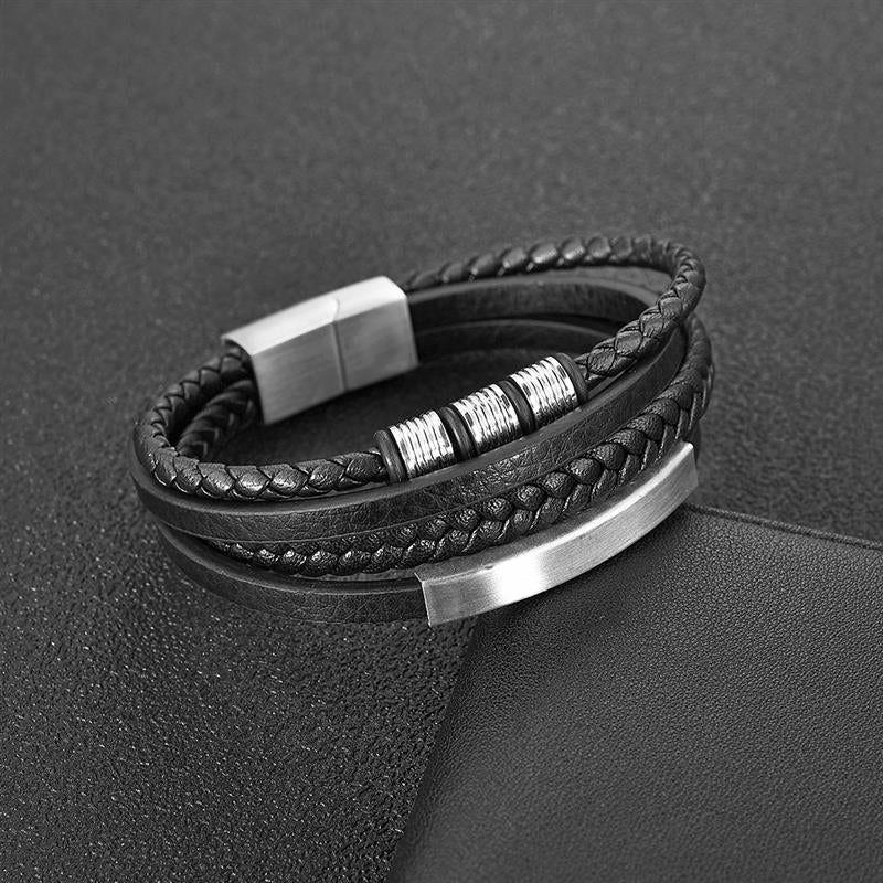 Stainless Steel Charm Magnetic Clasp Braided Multilayer Leather Wrapping Bracelet