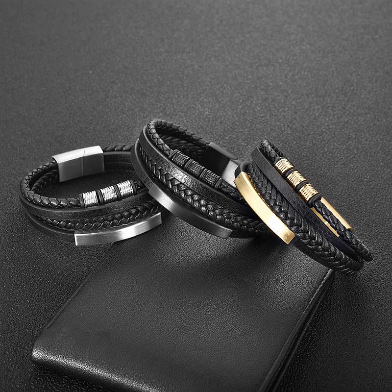 Stainless Steel Charm Magnetic Clasp Braided Multilayer Leather Wrapping Bracelet