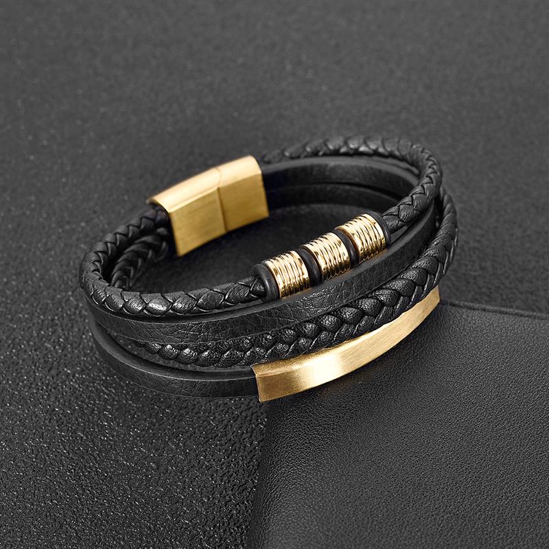 Stainless Steel Charm Magnetic Clasp Braided Multilayer Leather Wrapping Bracelet