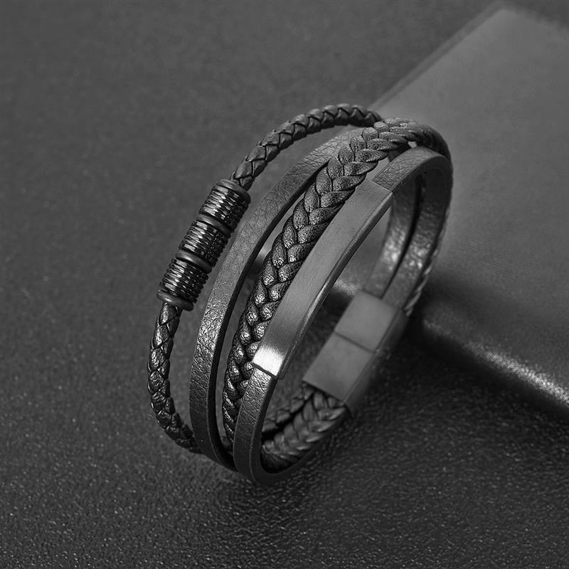 Stainless Steel Charm Magnetic Clasp Braided Multilayer Leather Wrapping Bracelet