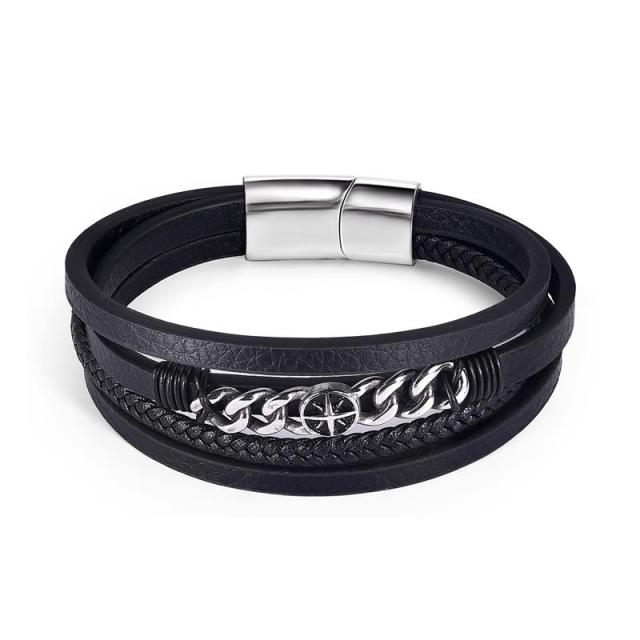 Stainless Steel Charm Magnetic Clasp Braided Multilayer Leather Wrapping Bracelet