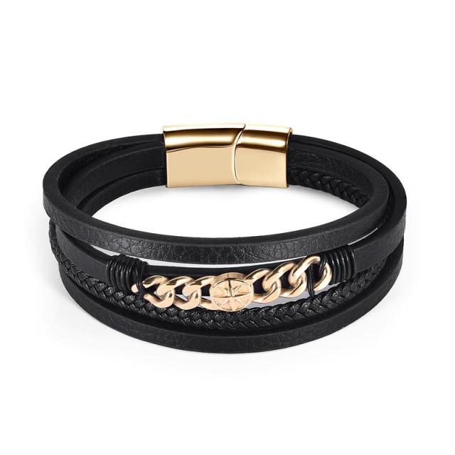 Stainless Steel Charm Magnetic Clasp Braided Multilayer Leather Wrapping Bracelet