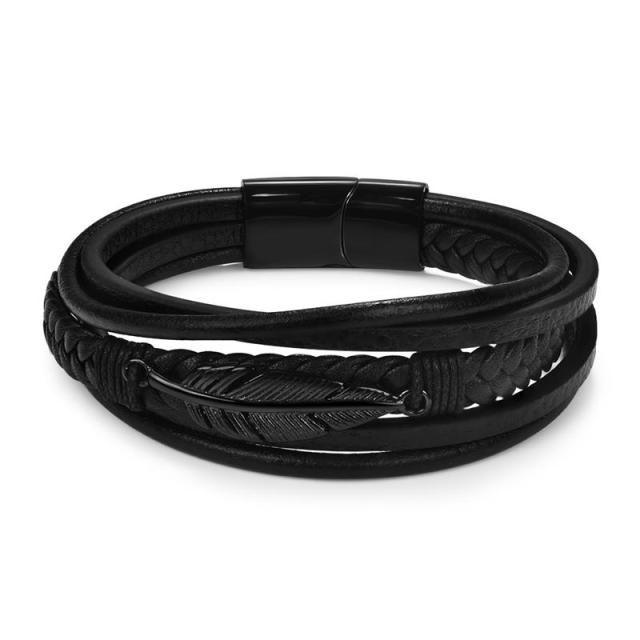 Stainless Steel Charm Magnetic Clasp Braided Multilayer Leather Wrapping Bracelet