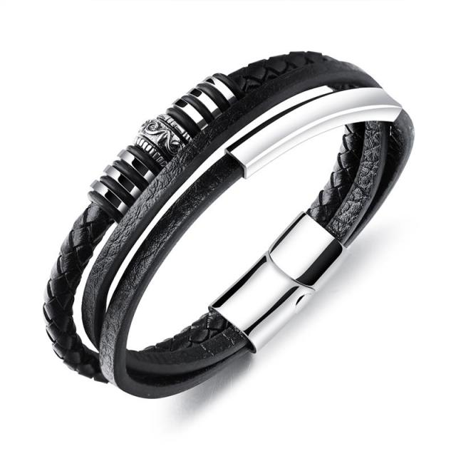 Stainless Steel Charm Magnetic Clasp Braided Multilayer Leather Wrapping Bracelet