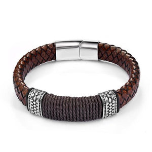 Stainless Steel Charm Magnetic Clasp Braided Multilayer Leather Wrapping Bracelet