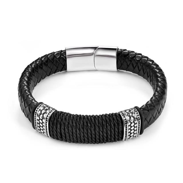 Stainless Steel Charm Magnetic Clasp Braided Multilayer Leather Wrapping Bracelet