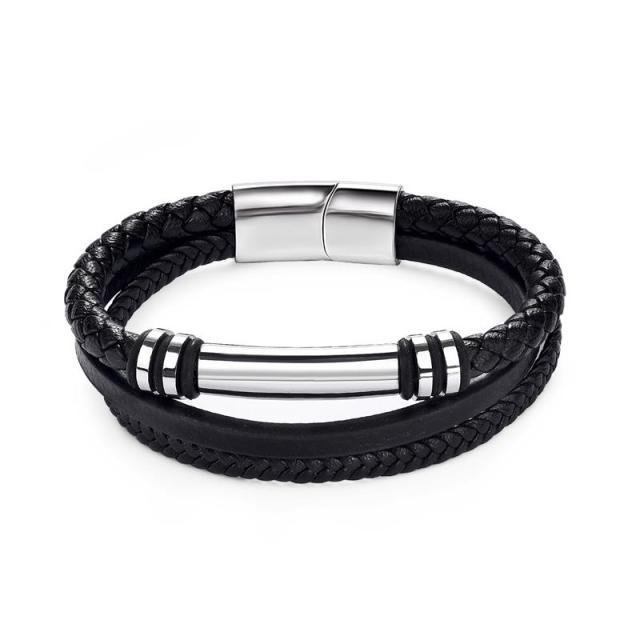 Stainless Steel Charm Magnetic Clasp Braided Multilayer Leather Wrapping Bracelet