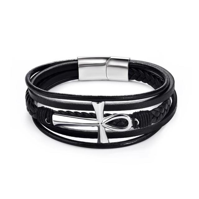 Stainless Steel Charm Magnetic Clasp Braided Multilayer Leather Wrapping Bracelet