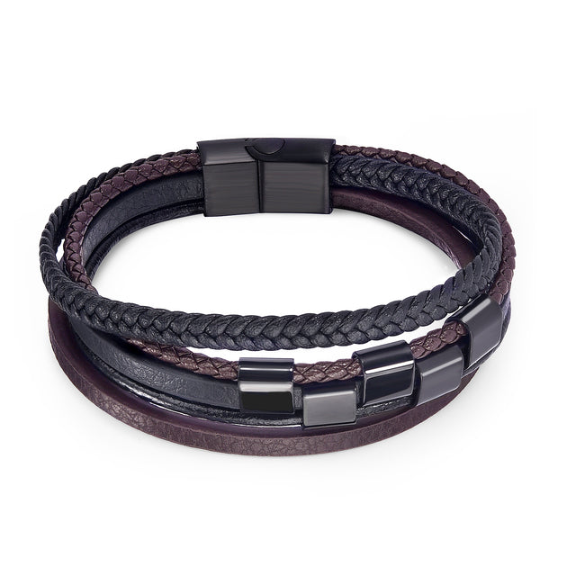 Stainless Steel Charm Magnetic Clasp Braided Multilayer Leather Wrapping Bracelet