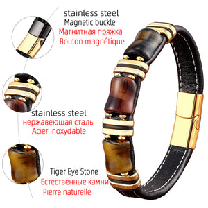 Natural Tiger Eye Stone Bracelet Black Leather Rope Chain
