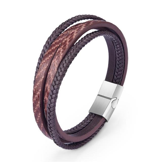 Stainless Steel Charm Magnetic Clasp Braided Multilayer Leather Wrapping Bracelet