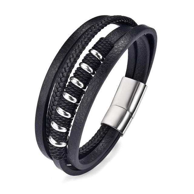 Stainless Steel Charm Magnetic Clasp Braided Multilayer Leather Wrapping Bracelet