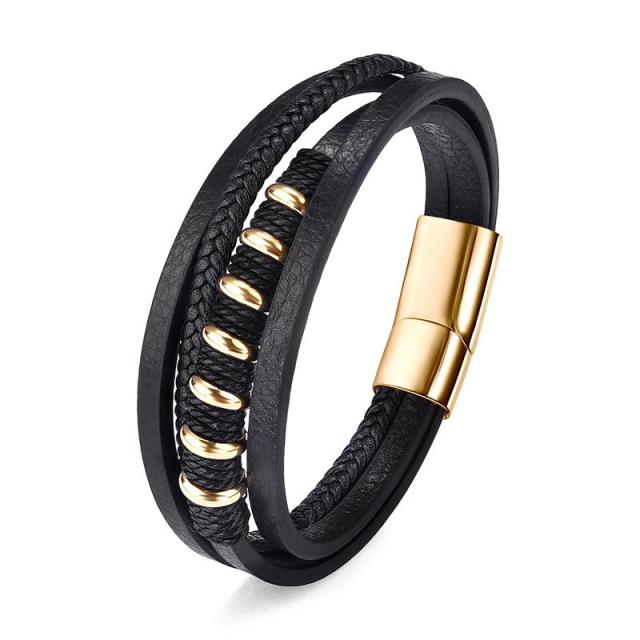 Stainless Steel Charm Magnetic Clasp Braided Multilayer Leather Wrapping Bracelet